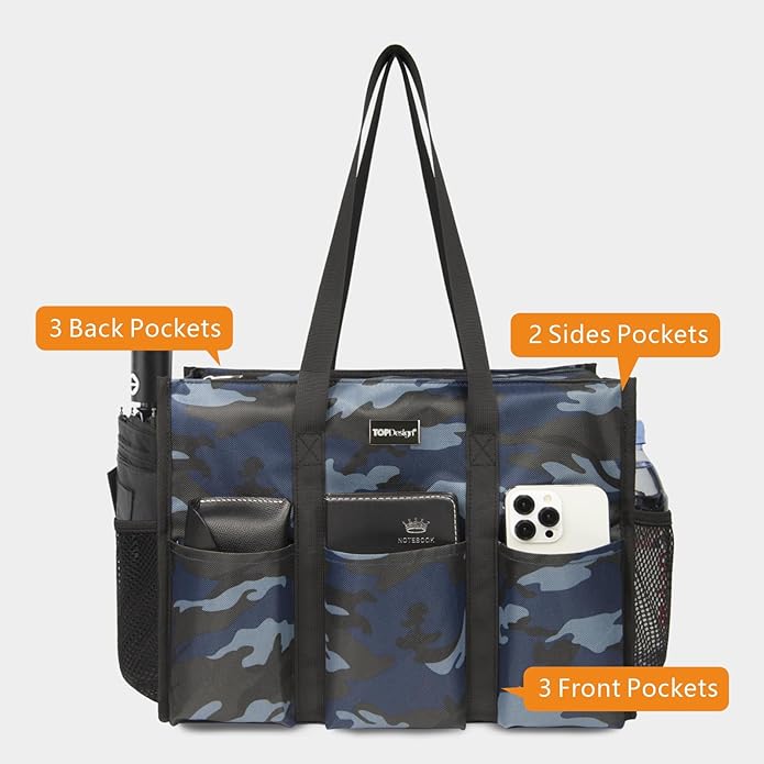 TOPDesign Utility Water Resistant Tote Bag with 13 Pockets, Top Zipper Closure & Thick Bottom Support, for Working Women