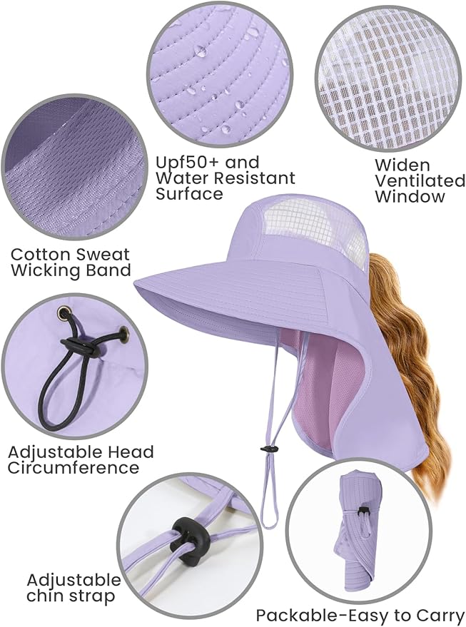 Sun Hats for Women UV Protection with Neck Flap Wide Brim Beach Hats with Ponytail Hole for Hiking Fishing Gardening Travel
