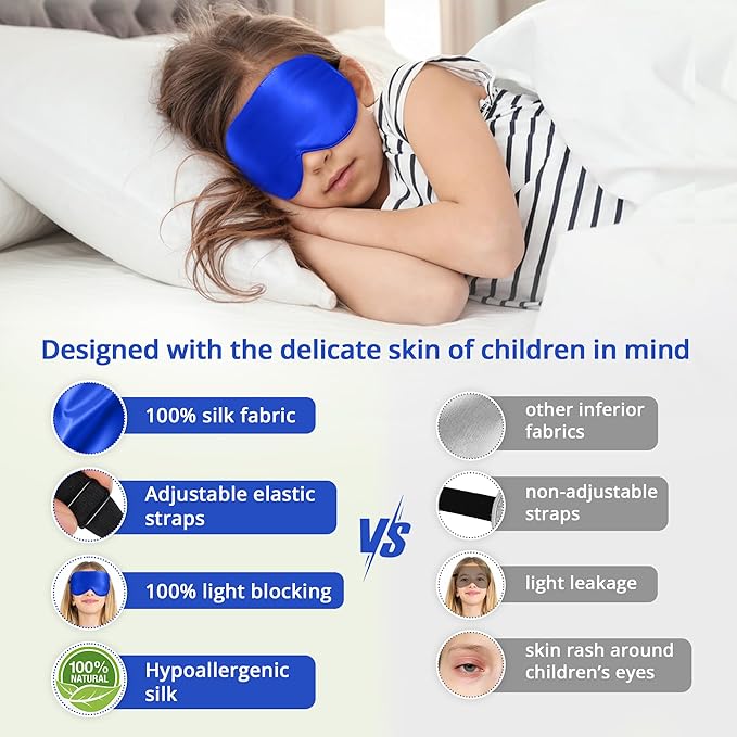 Kids Sleep Mask Eye Cover, 100% Real Natural Pure Silk Eye Mask with Adjustable Strap, Blindfold Kids Eye Mask for Sleeping, Eye Shade for Boys Girls and Adult, Pressure-Free Comfort (Royal Blue)