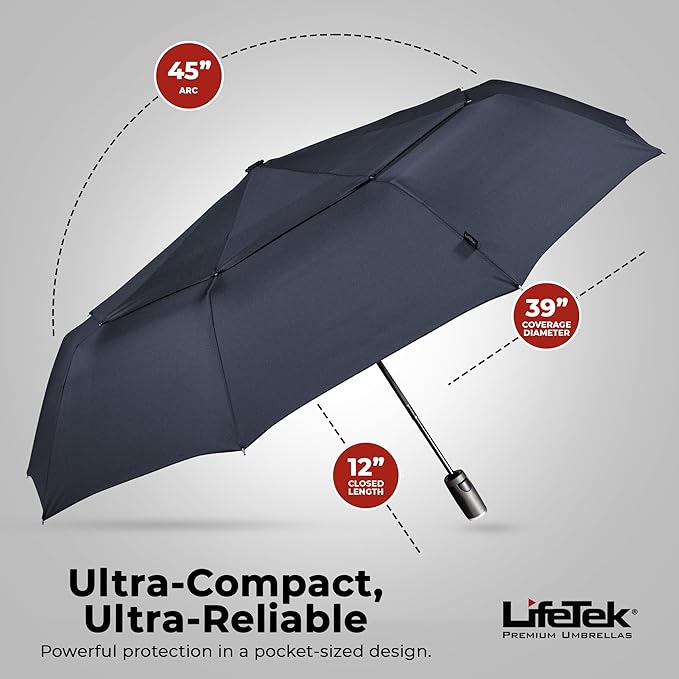 LifeTek Premium Travel Umbrella - Windproof & Compact for Men & Women, Automatic Open Close, Fits in Purse Laptop Bag or Backpack, Strong Frame for Heavy Rain & Sun UV Protection
