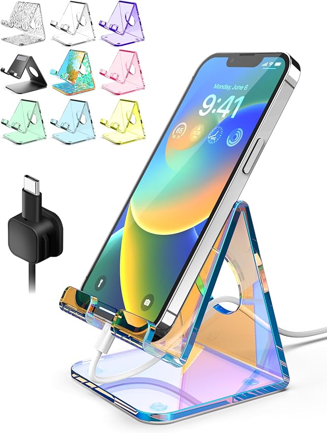 TOPGO Acrylic Phone Stand, Clear Phone Holder for Office Desk, Vanity, Kitchen Counter, Bedside Table, Compatible with iPhone 17 16 15 14 13 12 Pro Max Plus/Smartphones/iPad/Switch - Iridescent Color