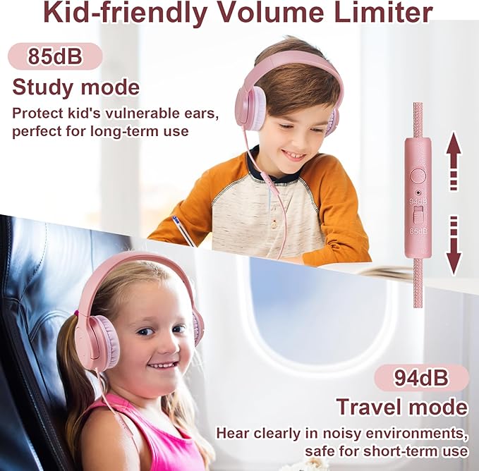 Kids Wired Headphones with Microphone, 85/94dB Safe Volume Limiter,Foldable,3.5mm Jack Over-Ear Cord Headset for Online Study/Travel, Compatible with Tablet,iPad,PC&More,Pink
