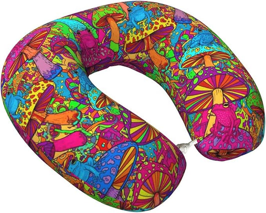 Support Neck Pillow for Youth Travel, Washable Airplane Chin Supporting and Relax U Shaped Pillows Watercolor Frogs Trippy Mushroom Cartoon