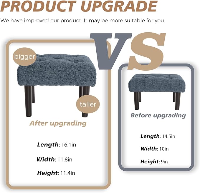 HOUCHICS Fur Padded Foot Stool, Small Ottoman Foot Rest with Wooden Legs,Modern Rectangle Chair Foot Rest Foot Step Stool for Living Room, Couch, Desk（Blue）