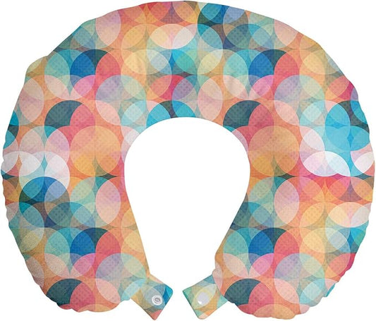 Ambesonne Geometric Travel Pillow Neck Rest, Soft Toned Hazy Overlap Circles Mosaic Birthday Party Pastel Design, Memory Foam Traveling Accessory for Airplane and Car, 12", Peach Coral Blue