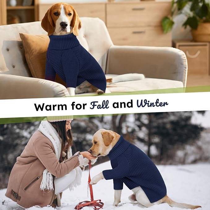 Queenmore Large Dog Sweater - Turtleneck Knitted Pullover Xmas Dog Clothes, Warm Sweatshirt, XL, Navy Blue