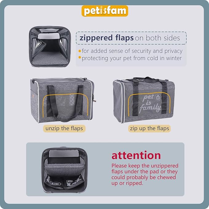You've got This Cat Carrier with Privacy Flaps for Nervous Fur-Kids. Top-Load Quick-in. 360° Airy Mesh Windows Let Cats See You & Reduce Travel Anxiety. Rip-Stop Fabric & Lockable Zips Hug Securely