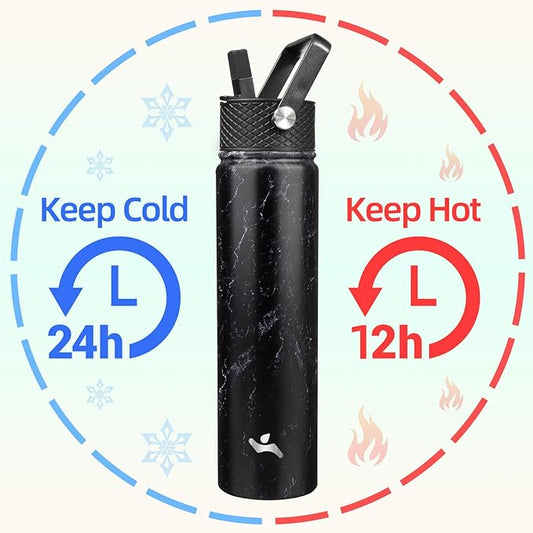 Insulated Water Bottle 24oz Stainless Steel Sport Bottles with 3 Lids,Marble Midnight