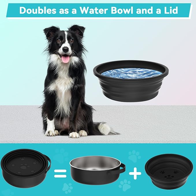 40 Oz Travel Dog Bowls with Lid 2in1 BPA-Free Collapsible Dog Water Bowl, Stainless Steel Dog Food Bowl, Portable Dog Bowls Leakproof - Dog Trip Camping Travel Essentials