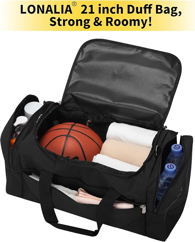 Gym Bag Sport Duffle Bag for Men - 21 in Weekender Travel Bag with Trolley Sleeve (Black)