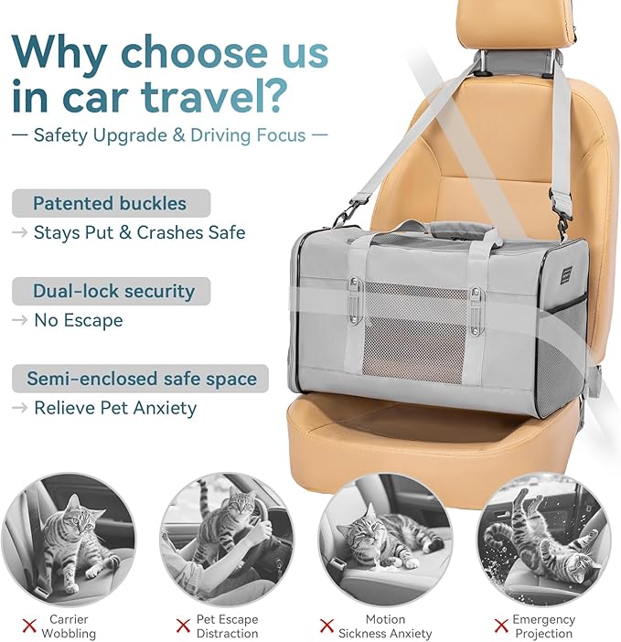 Petsfit Travel Pet Carrier for Large Cats (up to 20 lbs), Soft-Sided Dog Car Travel Carrier with Patented Buckle and Soft Padding, Ideal for Car Road Trips,19X12X12 Inch,Grey