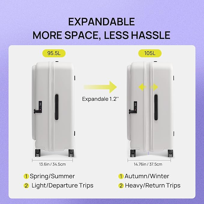 NINETYGO Large Checked Luggage 28 Inch, Top Opening Luggage Checking In Luggage, Expandable, PC Hard Shell, Larger Capacity Checked, TSA Lock, 360° Spinner Wheels (White, Hobo Pro)