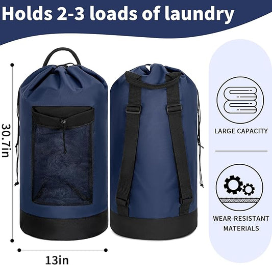 Laundry Bag Backpack with Shoulder Straps and Mesh Pocket Foldable Clothes Hamper Bag with Drawstring Closure for College, Apartment, Laundromat (Dark Blue)