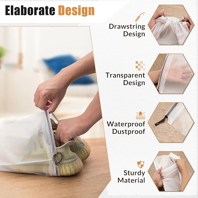 50pcs Clear Shoe Bags for Travel, 15.7" x 11.8" Waterproof Dust Bags with Drawstring, Portable Storage for Men and Women