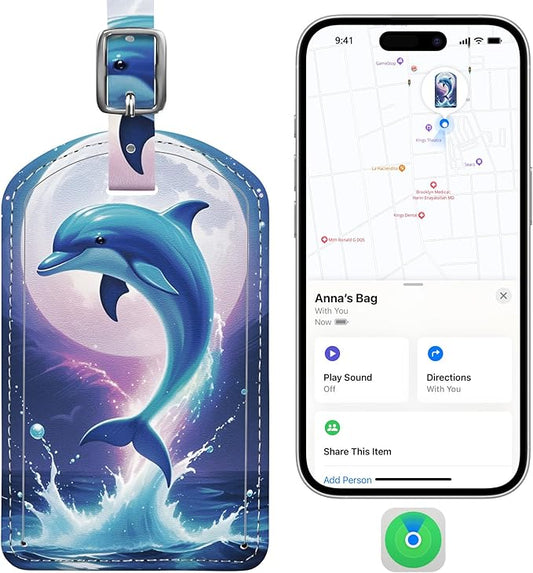 Luggage Tags Built-in Anti-Loss Tracker, Luxury Leather Luggage Tags for Suitcase, Travel Bags, Backpacks, Travel Organizer for Lost Baggage Prevention (Moon Dolphin)