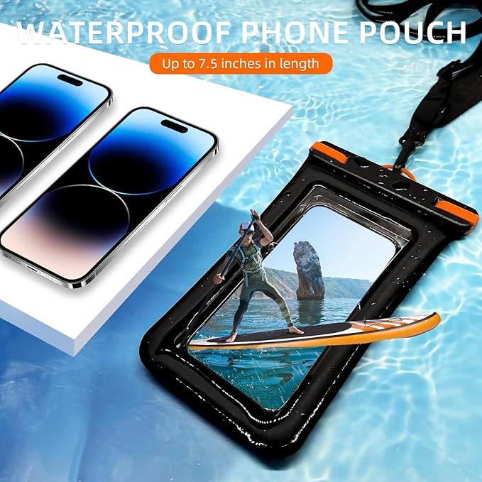 IPX8 Floating Waterproof Dry Bag 2-Pack,7.2 Inch Waterproof Phone Pouch for iPhone 16/15/14 Pro Max Galaxy S24/S23 Adjustable Lanyard + Wrist Strap Beach Swimming Travel Essentials