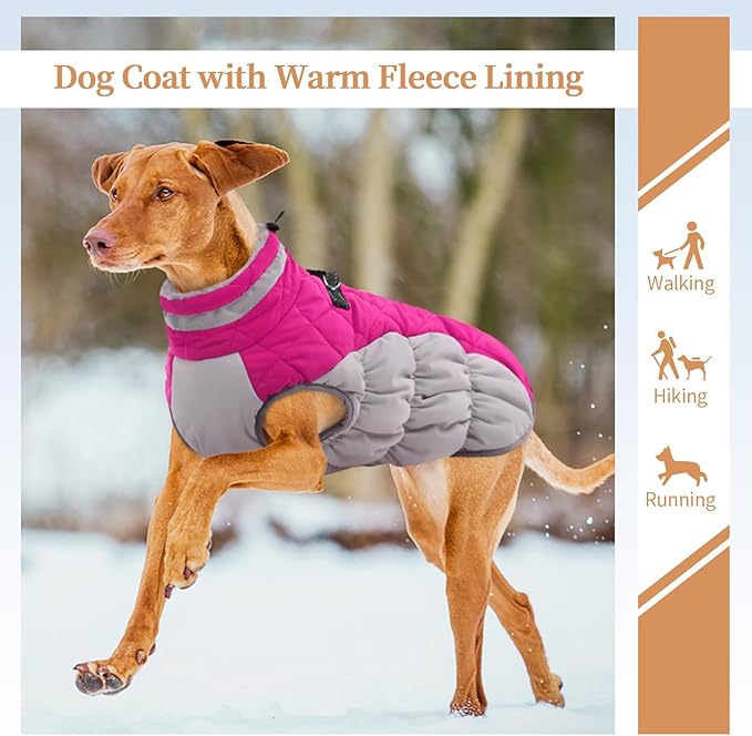 OUOBOB Winter Dog Coat,Large Dog Jacket,Waterproof Pet Jacket with Back Zipper,Pet Coat with Harness Built in,Warm Dogs Coat with Fleece Lined,Snow Jacket Clothes French Bulldog Shiba Inu,Rose Red,L