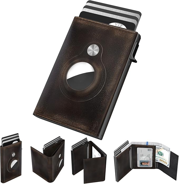 typecase Mens Wallet Card Holder for AirTag: Leather Smart Wallet for Men Compatible with Apple Air Tag, RFID Blocking, Slim, Minimalist - 9-14 Card Capacity | ID Window | Cash Slot (Burnished Black)