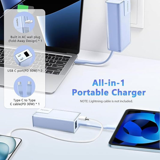Miady Portable Charger Built-in Foldable Wall Plug, PD 30W 10000mAh Compact Power Bank has USB-C Cable&LED Display, Travel Essential Battery Pack Compatible with iPhone Galaxy SmartPhones (Cream Blue)