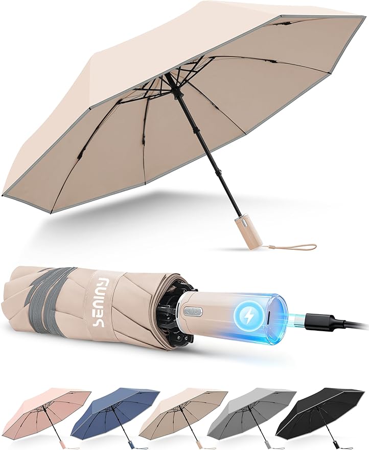 Seniny Electric Travel Umbrella with Intelligent Open Close, Rechargeable Umbrellas for Rain Windproof, Automatic Portable & Compact Umbrella with Reflective Stripe