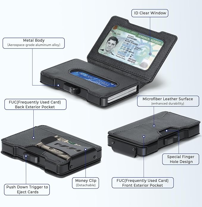 Slim Wallet for Men - Minimalist Mens Wallet with Money Clip, Aluminum Pop Up Card Case and Leather Slots Credit Card Holder RFID Blocking Wallet for Men with Gift Box