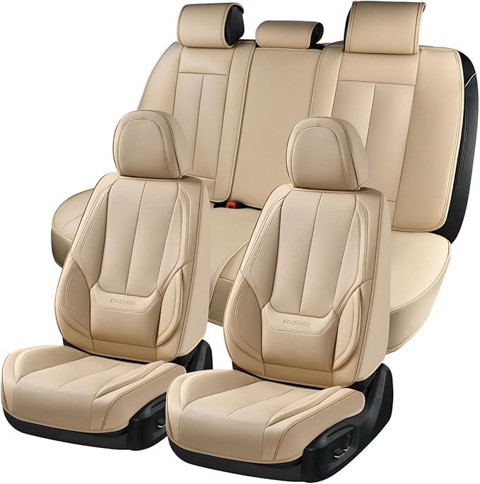 Coverado Car Seat Covers Full Set, Seat Covers for Cars, Beige Car Seat Covers Front Seats and Back Car Seat Protector Waterproof, Leather Car Seat Cushion Universal Fit for Most Cars