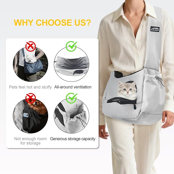 Dog Carrier Sling for Small Dogs & Cats Hand-Free Puppy Sling Purses with Storage Bag and Adjustable Shoulder Strap, Pet Sling Carrier Up to 8.8 Lbs (Grey)