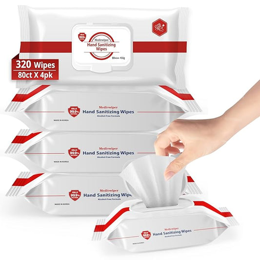 MEDIWIPER 80ct Unscnted Alcohol-Free Hand Sanitizing Wipes, Wet Wipe, Hand Sanitizer (320 Wipes (80 * 4))