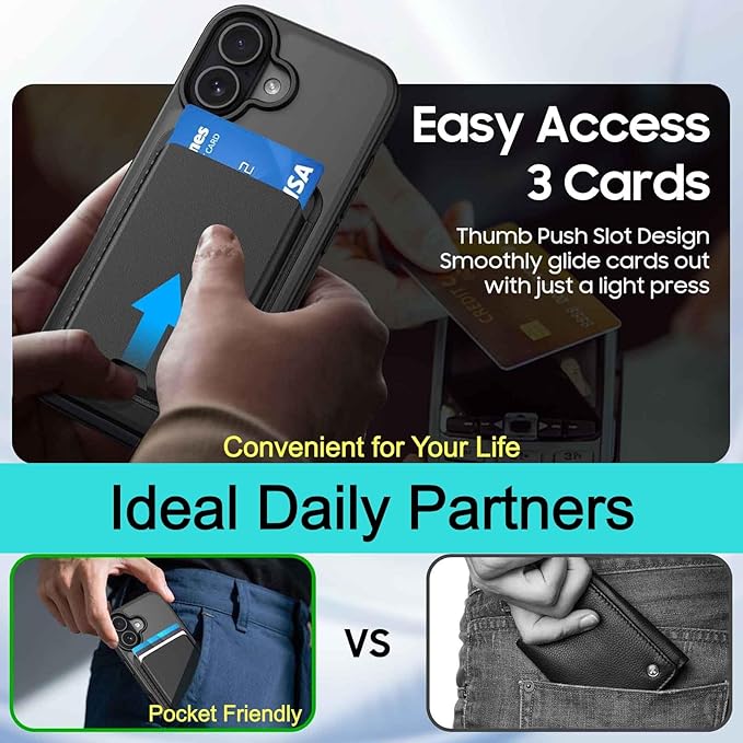 Ntwinro Magnetic for iPhone 16 Case (Compatible with MagSafe) with Detachable Wallet & Card Holder for 3 Cards [RFID Blocking] Military Grade Protective Slim Phone Cover, Black