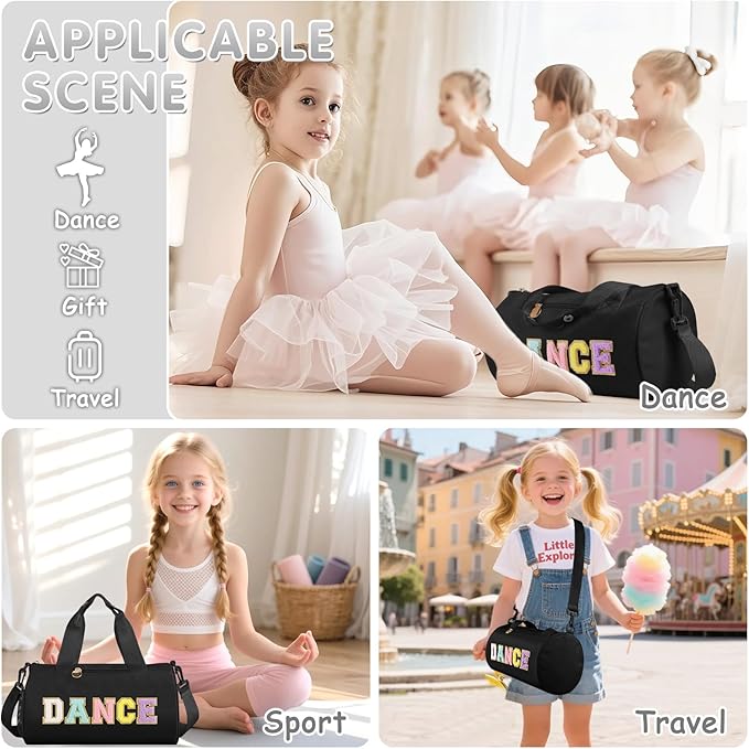 Personalized Dance Bag for Girls, Teen Toddler Ballet Bag Cute Chenille Letter Gym Sport Workout Duffel Bags, Waterproof Cheer Dancer Overnight Weekender Bags for Birthday Christmas Gift(Black)