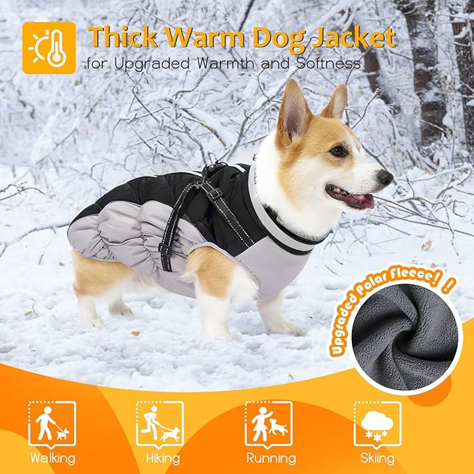 Abuandi Dog Winter Coat with Harness, Dog Jacket, Pet Clothes with Zipper on Back, Waterproof Windproof Warm Vest, Reflective Cold Weather Coats, for Small Medium Large Dogs, Thick, Black, 2XL