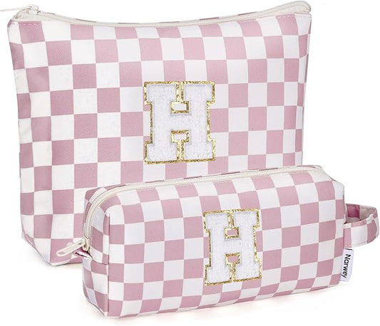 Narwey 2 Piece Personalized Initial Makeup Bag Checkered Cosmetic Bags, 6 8 10 11 12 13 14 16 18 Years Old Teen Girl Gifts Trendy Stuff Birthday Gifts for Women, Travel Toiletry Bag (Pink Letter H)