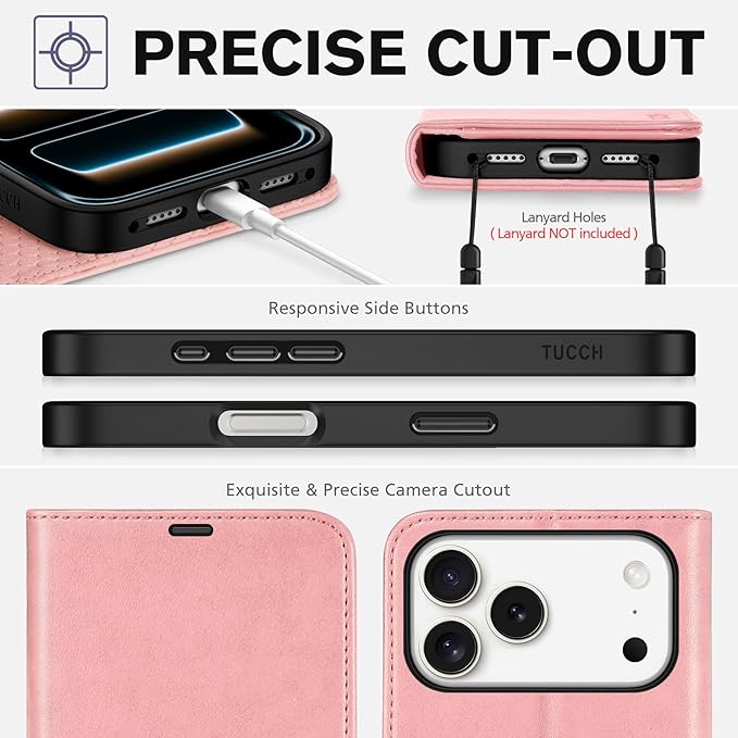 TUCCH Case Wallet for iPhone 17 Pro Max (6.9") 2025, Stand | RFID Blocking | 4 Card Holders | PU Leather | Magnetic Closure Folio Protective Cover | TPU Shockproof Inner Shell | Rose Gold