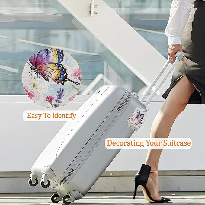 Butterfly Flower 3 Pack Luggage Tag for Suitcase, Leather Bag Tags with Privacy Cover ID Label and Durable Steel Loop for Cruise Airport Travel