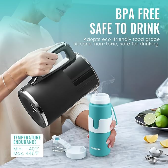 Nefeeko Collapsible Water Bottle, BPA Free 26oz Foldable Water Bottle for Travel Sports, Leak-Proof Spill-Proof Portable Water Bottles with Carabiner, Lightweight