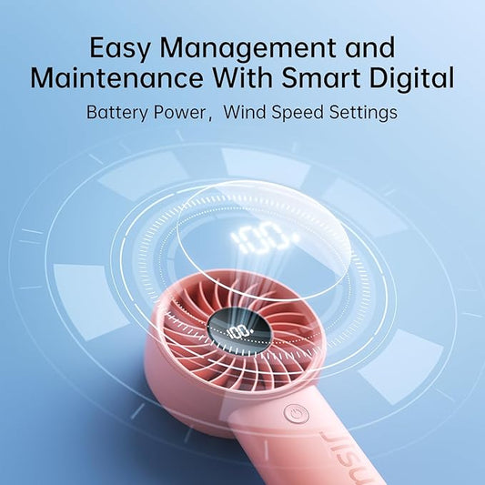 JISULIFE Handheld Portable Fan with Powerful Motor,LED Display,3600mAh Battery,5 Wind Speeds,Lanyard; Summer Essentials USB Rechargeable Hand held Fan for Travel,Beach,Makeup,Concerts-Pink