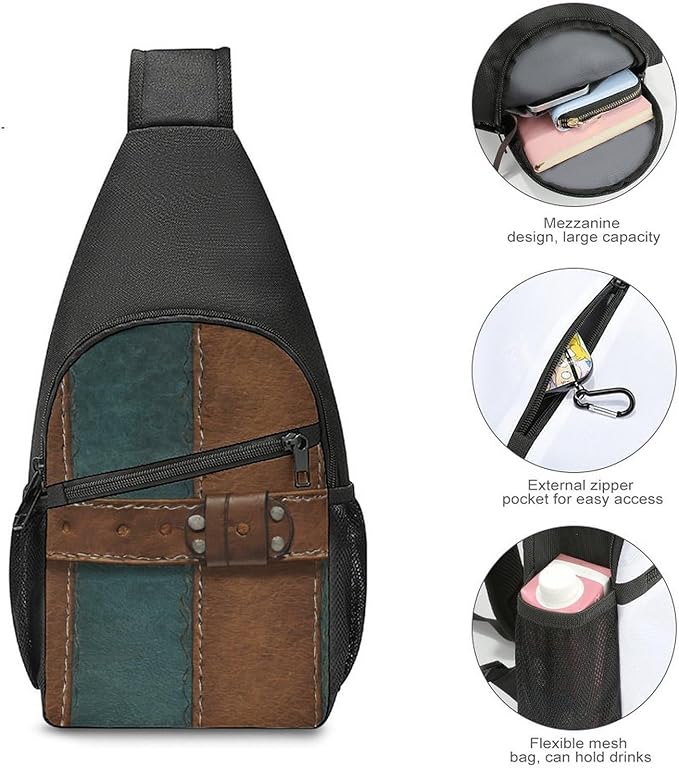 SWEET TANG Polyester Shoulder Sling Bag Multipurpose Casual Sport Daypack Unbalance Backpack with Small Pocket and Smooth Zipper, Rustic Brown Teal Western Country Tooled Leather