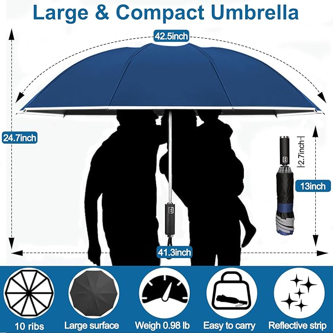 Travel Umbrella for Rain, Automatic Folding Windproof Umbrella with Case - Compact Reverse with 360° Reflective Stripe, Light & Portable Durable for Women & Men