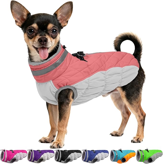 OUOBOB Dog Coats for Small Dogs, Puppy Coat, Warm Winter Jacket, XS Dog Coat with Harness Built in, Waterproof Pet Cold Weather Coats, Puppy Winter Clothes Snowsuit Chihuahua Maltese,Pink,XS