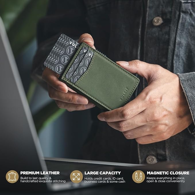 VULKIT Men's Wallet with ID Window Premium Leather Wallets RFID Blocking Minimalist Wallet Pop Up Card Holder Magnetic Closure