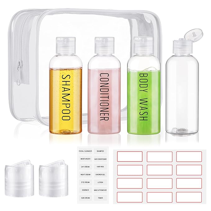 Travel Bottles for Toiletries 3.4oz/100ml 4 Pack TSA Approved Leak-Proof Travel Size Containers Squeezable Empty Plastic Toiletry Bottles Pre-printed Shampoo, Conditioner, Body Wash (Clear)