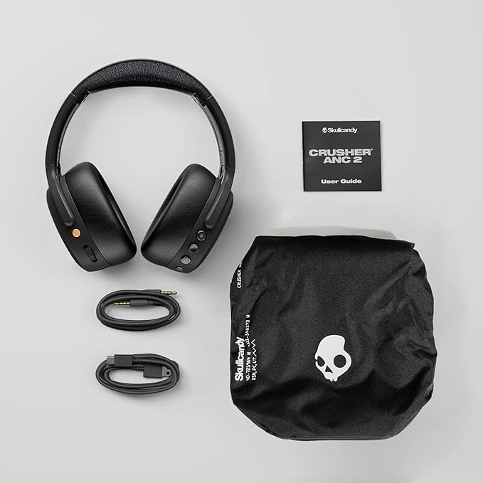Skullcandy Crusher ANC 2 Wireless Over-Ear Bluetooth Headphones with Multi-Sensory Bass, Active Noise Cancelling, Up to 60 Hours Battery, Microphone for iPhone Android - Bone