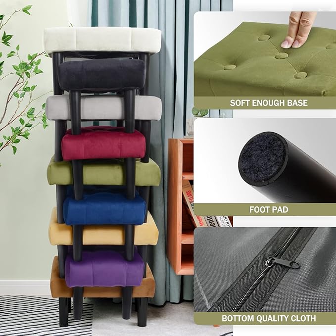 HOUCHICS Small Footstool Ottoman,Velvet Soft Footrest Ottoman with Wood Legs,Sofa Footrest Extra Seating for Living Room Entryway Office(Green 2PACK)