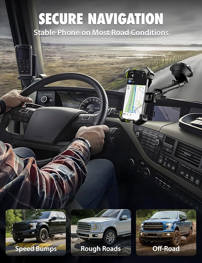 Bracketron X-Lock Heavy Duty Phone Mount for Truck - Phone Holders for Your Car with 12" Extendable Arm Security for Windshield & Dash - Compatible with iPhone & Android