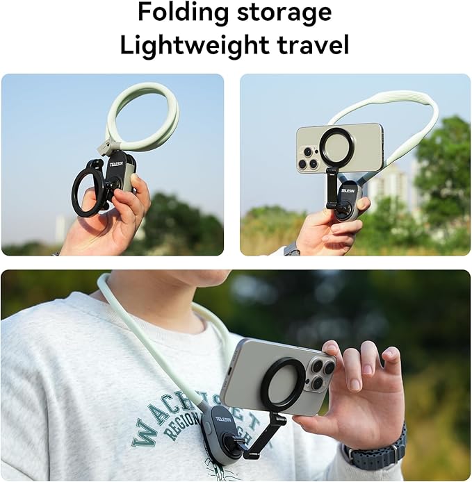 TELESIN° Magnetic Neck Mount for Phones, Cell Phone Holder Stand Hanging on Neck POV/Vlog Selfie Hand Free Necklace Phone Strap Video Recording for iPhone 16 15 14 13 12 Seires Android Phones (Green)