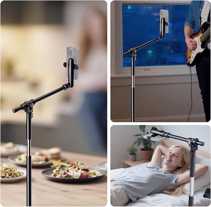 NEEWER BASICS Phone Floor Stand with Horizontal Extension Arm, Adjustable Bed Phone Holder Clamp Mount Compatible with iPhone 16 15 Pro Max Plus Samsung for Video Recording, Weighted Metal Base, ST009