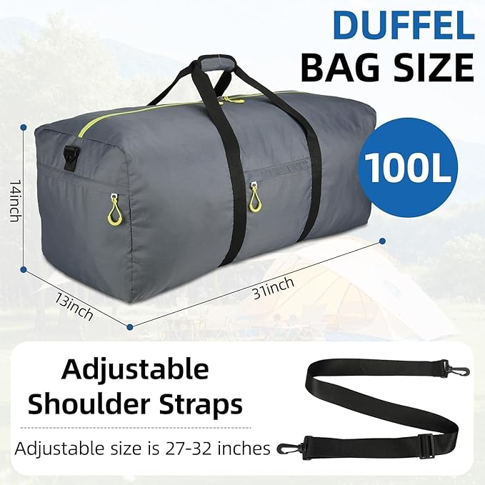100L Extra Large Duffle Bag Lightweight, Travel Duffel Bag Foldable for Men Women, Water-Resistant & Durable, Grey