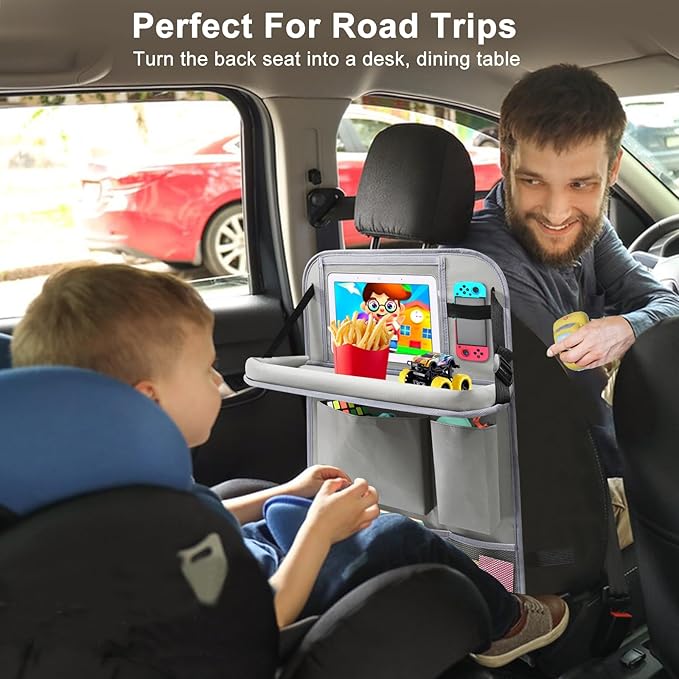 2Pack Car Backseat Organizer with Foldable Table Tray,6 Storage Pockets Car Storage Organizer with Tablet Holder,Car Seat Back Protectors Kick Mats Travel Accessories (Grey)