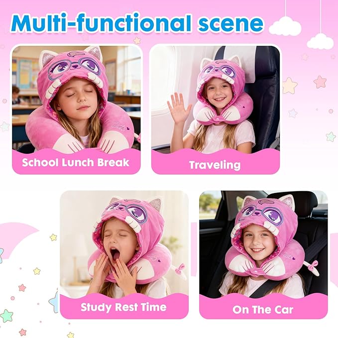 Travel Neck Pillow with Hood for Kids Adult Cute Soft Plush Memory Foam Airplane Neck Pillow for Traveling Animal Flight Pillow Head Rest Neck Support for Cars Long Flights