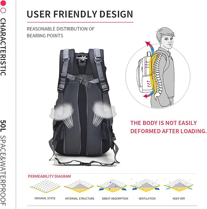 Bseash 50L Hiking Backpack, Water Resistant Lightweight Outdoor Sport Daypack Travel Bag for Camping Climbing Skiing Cycling (Black - No Shoe Compartment)